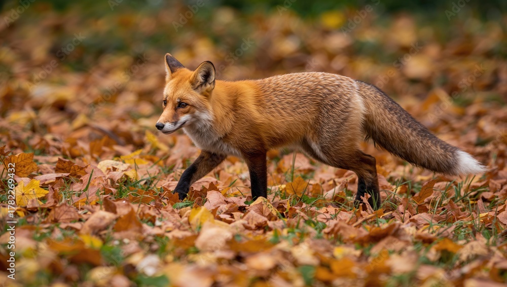 Obraz premium Vibrant Red Fox Vulpes vulpes navigating through autumn foliage, showcasing wildlife in seasonal change