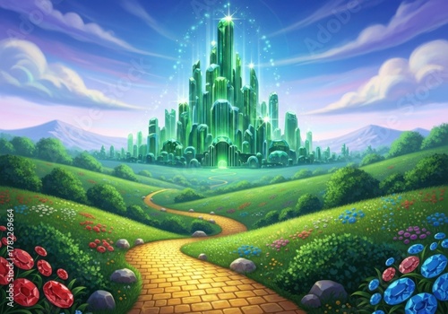Magical emerald city with glowing towers on rolling green hills, yellow brick road winding through.
