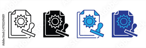 Set of four icons representing a document with a seal and a stamp, in different styles and colors
