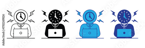 Person with clock for head working on laptop with lightning bolts symbolizing stress and time pressure, isolated on white background