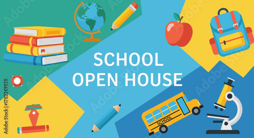 School Open House A Welcoming Event for Education & Learning with School Supplies and School Bus