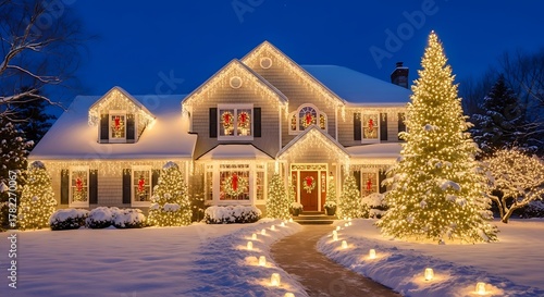Photo of a beautiful suburban house adorned with numerous bright white christmas lights and a decorated christmas tree in the snowy yard at night