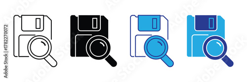 Collection of four floppy disk icons with magnifying glass, representing search and data storage options