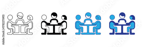 Four different icon styles of people sitting around a table, representing a meeting or collaboration