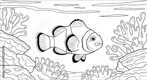 Black and white line art of a clownfish swimming among coral and rocks in an underwater scene, perfect for a coloring book.