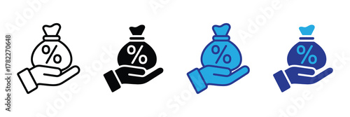 Hand holding a money bag with percentage sign, representing finance, savings, and investment, isolated on white background