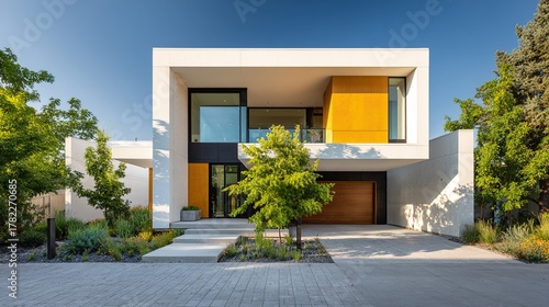 Contemporary modern two story residential house exterior with bold yellow orange accent panel large windows and wood garage door