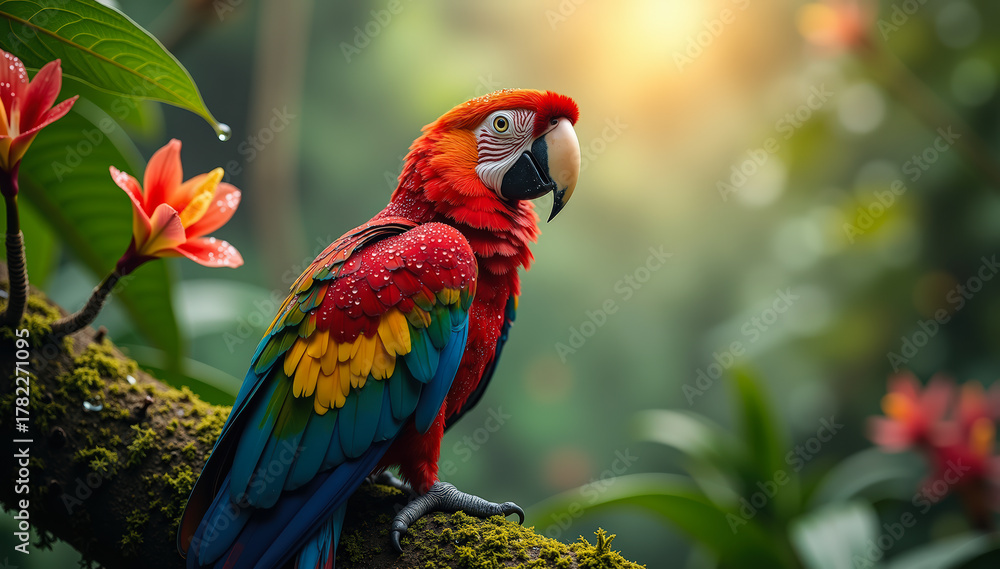 Fototapeta premium Striking red macaw on branch with orchids and soft light in dense vibrant rainforest