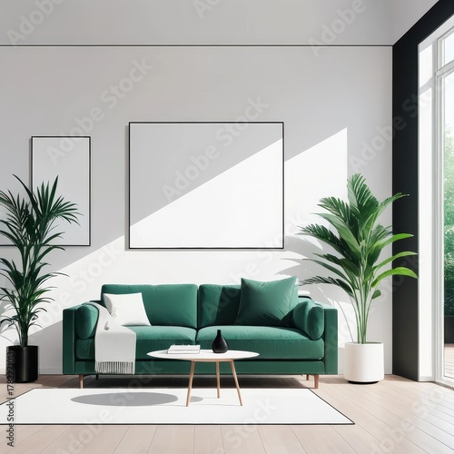 Bright And Modern Living Room With Green Sofa And Indoor Plants Bathed In Natural Light