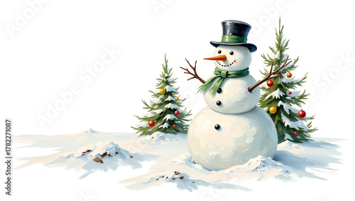 A classic Christmas card with a snowman and decorated Christmas trees in the snow, done using the impasto oil painting technique with a palette knife.