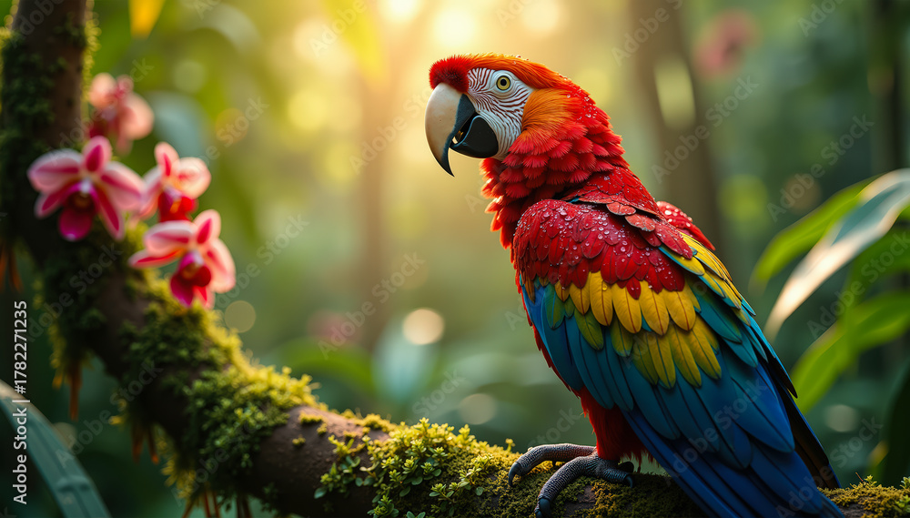 Fototapeta premium Colorful parrot in tropical foliage glowing in sunlight with cinematic tones and bokeh