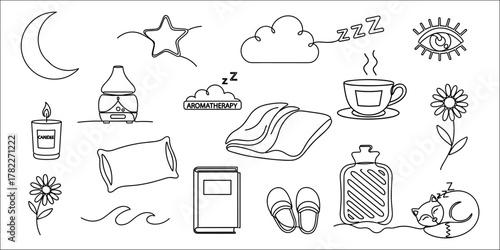 Moon, stars, cloud, candle, steaming cup, bed, sleep mask, and Z symbols. Minimalist black line drawing. Bedtime and sleep routine concept. Design for poster, banner, card, header, wallpaper. Flat lay