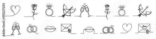 Romantic outline icons with hearts, rings, roses, and champagne for love, wedding, or Valentine design.