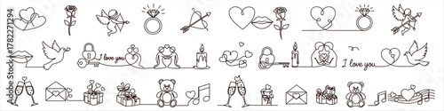 Romantic outline icons with hearts, rings, roses, and champagne for love, wedding, or Valentine design.