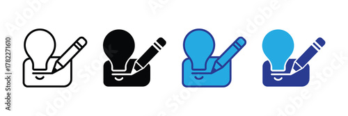 Set of four icons representing idea generation, creativity, and writing, including outline, solid black, and two blue variations