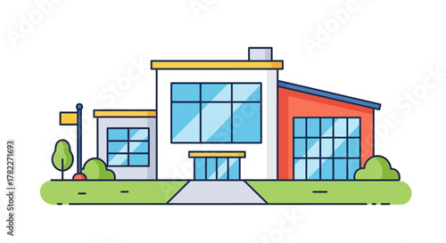 Modern School Building Illustration with Flagpole, Symbol of Education and Community