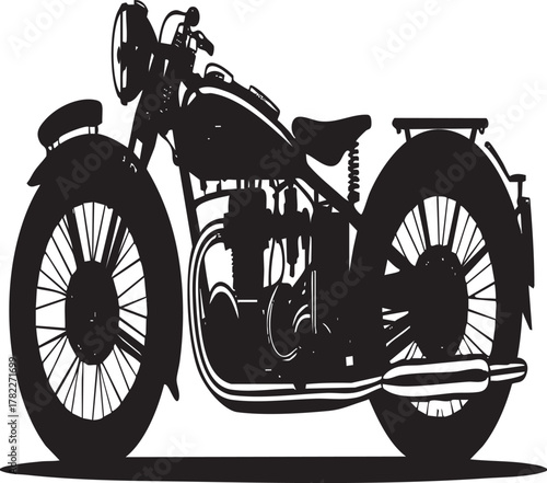 A black and white illustration of a classic motorcycle, showcasing intricate engine details and spoked wheels against a plain background.