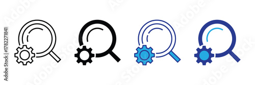 Search icon with gear symbol, representing search settings, configuration, or optimization, isolated on white background