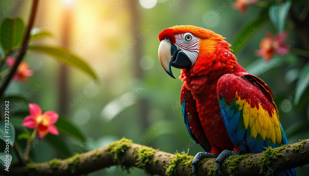 Naklejka premium Exotic parrot sits among vivid orchids in warm rainforest light with shallow depth