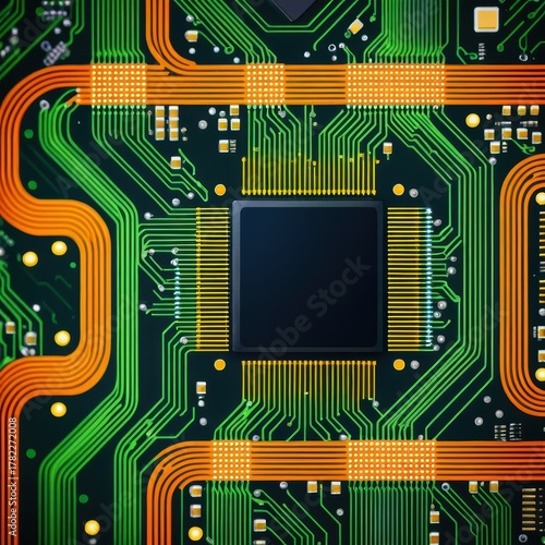 Close-Up View of a Modern Circuit Board with Intricate Patterns and Colorful Connections
