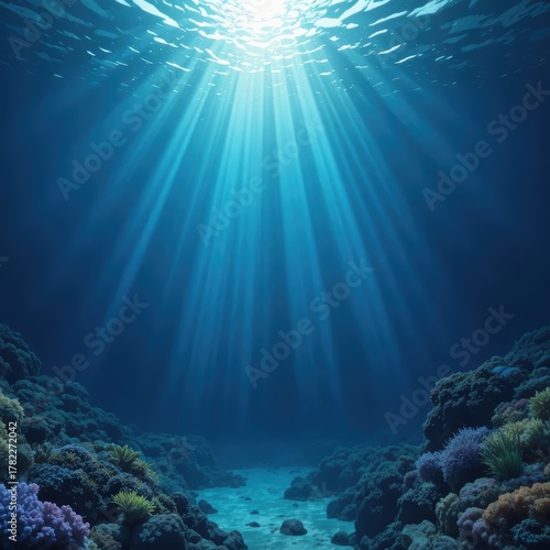 Underwater Scene of Vibrant Coral Reefs with Sunlight Filtering Through the Ocean Surface