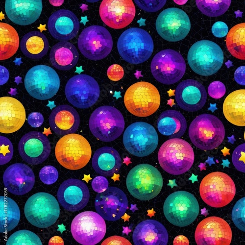 Colorful Disco Balls and Stars Design Creating a Vibrant Party Atmosphere on Black Background