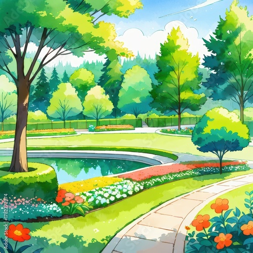 Lush Park Landscape with Vibrant Flowers and Tranquil Pond Under a Bright Blue Sky