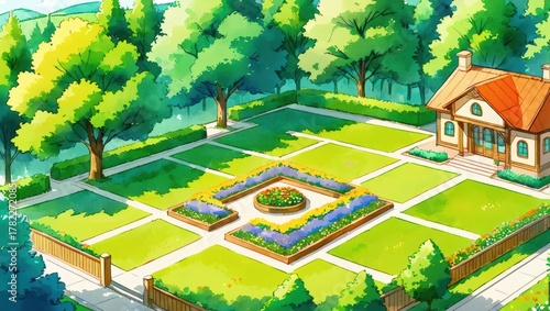 Charming Garden Landscape with Colorful Flowerbed and Cozy House Surrounded by Lush Greenery