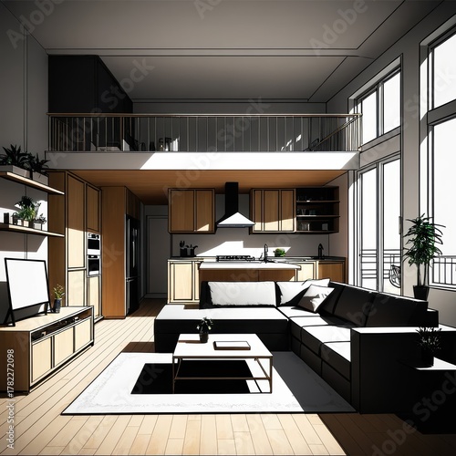 Modern Open Concept Living Room and Kitchen with Abundant Natural Light and Cozy Furnishings