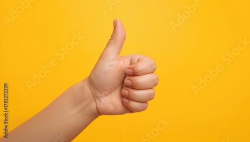 Children's hands making a thumbs up gesture against a bright yellow backdrop, creative background for text and layout