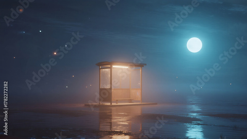 surreal dreamy night scene of a small glowing bus stop floating on a quiet ocean
