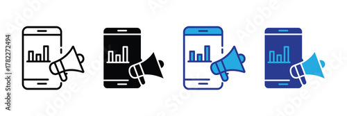 Digital marketing concept with smartphone showing analytics and megaphone icon, isolated on white background