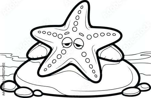 A charming black and white cartoon illustration of a sleepy starfish resting on an ocean rock, perfect for kids' coloring books, educational marine life projects, or simple graphic designs