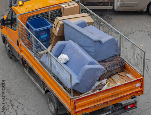 Old Sofa Discard Furniture Removal Open Truck Aerial View