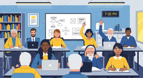 Diverse group of people attending a class or workshop in a modern classroom setting