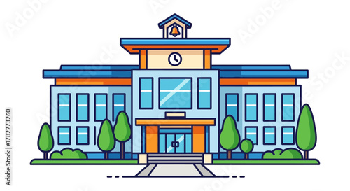Flat line art vector illustration of a modern school building exterior. Educational institution or academy architecture concept icon on an isolated background