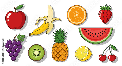Illustration of a variety of colorful fruits including apple banana grapes and watermelon on white background