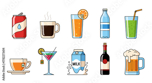 Illustration of various beverages including soda coffee juice water smoothie tea cocktail milk wine and beer