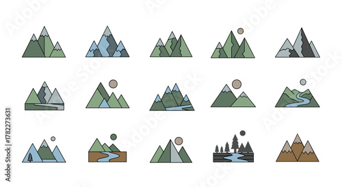Collection of fifteen stylized mountain illustrations with varied landscapes and color schemes