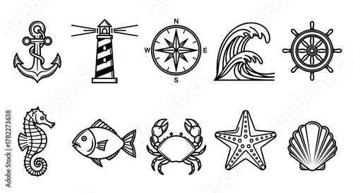 Collection of nautical themed vector icons featuring sea animals and maritime elements in black and white style