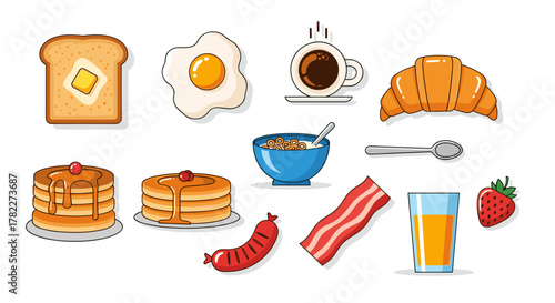Illustration of a variety of breakfast foods including pancakes toast eggs and coffee on white background