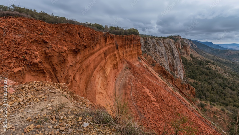 Obraz premium A substantial earthslide impacting a clay cliff bank in a coastal region, erosion risk