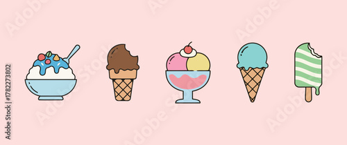 Sweet and colorful cartoon vector icons of various ice cream desserts like cones, sundaes, and popsicles, ideal for summer, treats, and food menu designs.