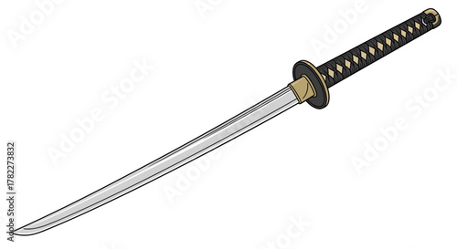 A detailed illustration of a katana with a black handle and a silver blade on a white background view