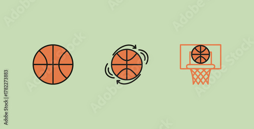 Minimalist vector illustration set of basketballs and a hoop, depicting the sport, game, movement, and competitive concepts in a simple icon style.