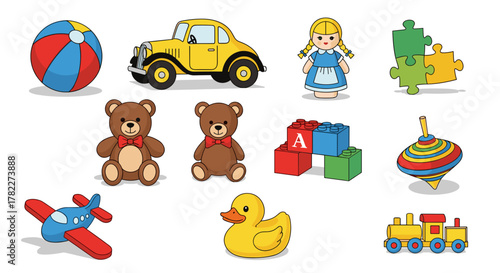 Collection of various toys including a ball, car, doll, teddy bears, blocks, and other playthings