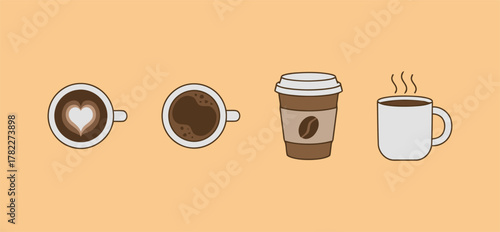 Set of simple cartoon vector icons showing different coffee beverages in cups and a to-go container, ideal for cafes, menus, and morning themes.