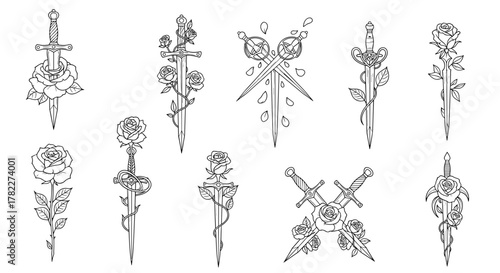 Line art illustration featuring various swords intertwined with roses and floral elements in a tattoo style