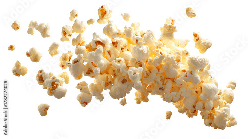 Explosion of fluffy popcorn kernels flying through the air isolated on transparent background