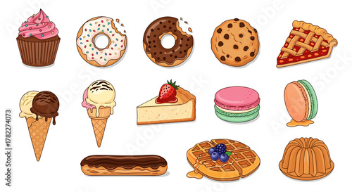 Illustration of an assortment of desserts including donuts ice cream and other sweet treats on white